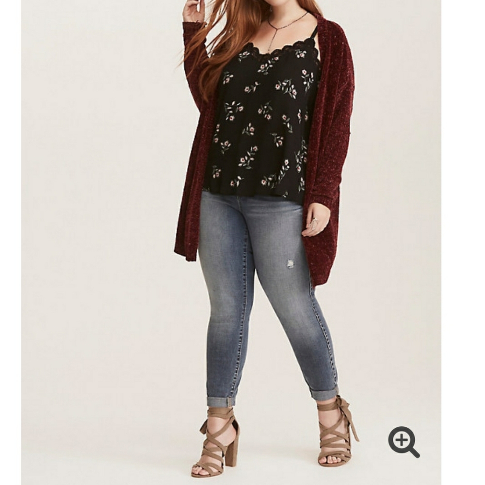 Black Floral Print Georgette Lace Trim Cami